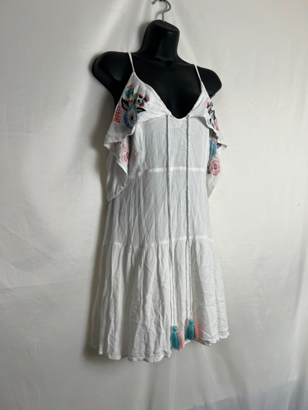White Spaghetti-Strap Dress with Floral Embroidery - Picture 2 of 5